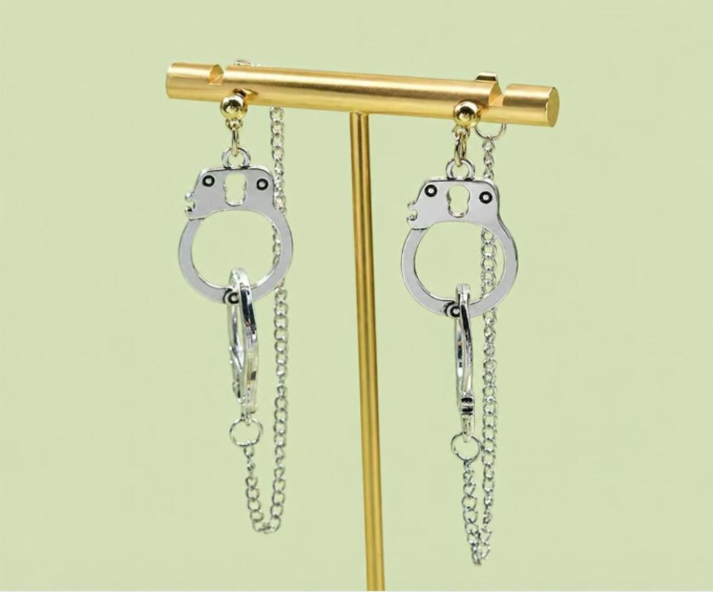 Handcuff Stud Earrings Silver Tone Metal Goth Boho